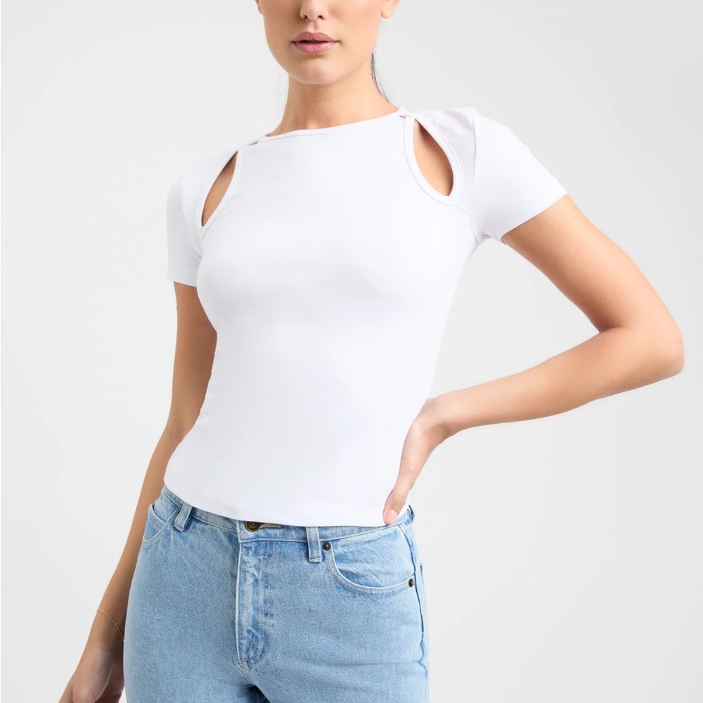 Urban Outfitters y2k white cut out crop top cute short sleeve hood core baby tee
